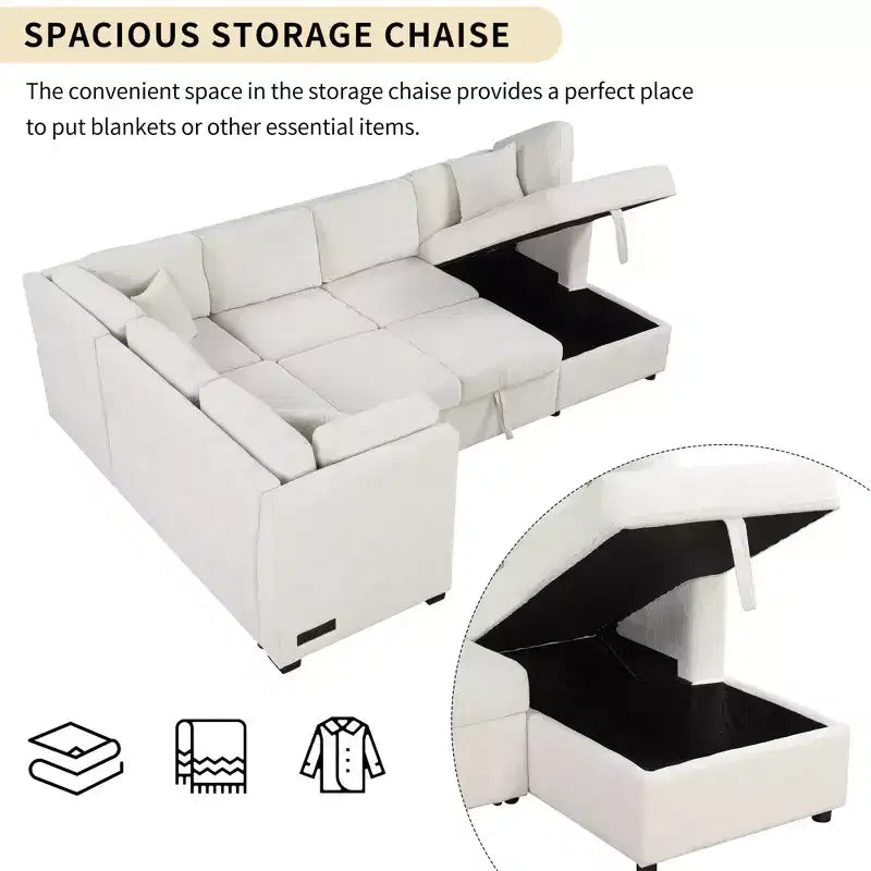 Whisen 108.6 Lit de Sectionnel en U avec Ports USB, Prises de Courant et Rangement