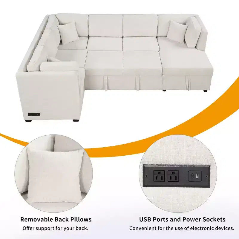 Whisen 108.6 Lit de Sectionnel en U avec Ports USB, Prises de Courant et Rangement