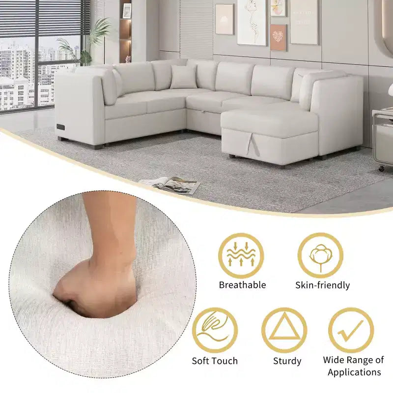 Whisen 108.6 Lit de Sectionnel en U avec Ports USB, Prises de Courant et Rangement