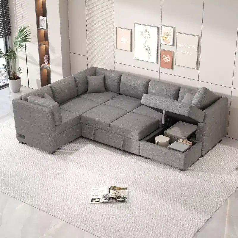 Whisen 108.6 Lit de Sectionnel en U avec Ports USB, Prises de Courant et Rangement