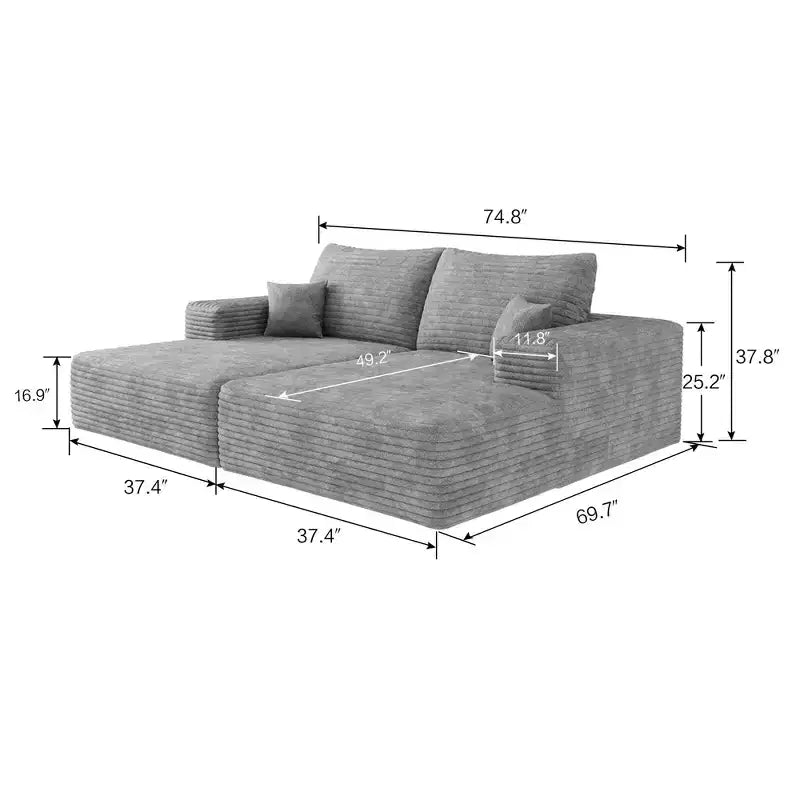 74.8 Canapé-lit moderne avec deux couchages, chaise longue pour salle de jeux/cinéma, gris (tissu velours côtelé moelleux)