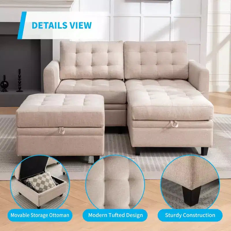 Canapé modulable convertible Mjkone avec accoudoir réglable, pouf de rangement mobile