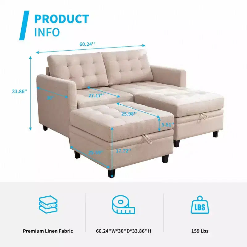 Canapé modulable convertible Mjkone avec accoudoir réglable, pouf de rangement mobile