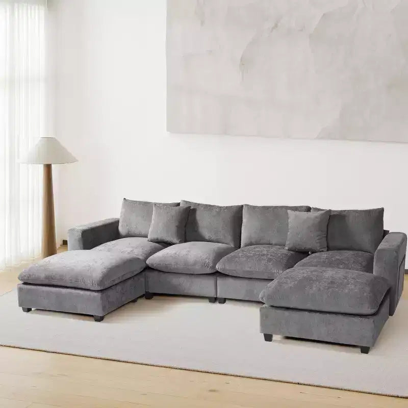 WestinTrends Augusta 128 Canapé modulable d'angle en U en chenille avec ports USB/Type-C et poches latérales