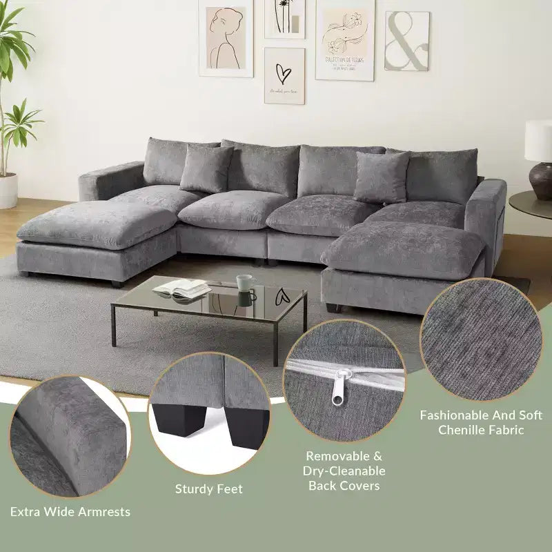WestinTrends Augusta 128 Canapé modulable d'angle en U en chenille avec ports USB/Type-C et poches latérales
