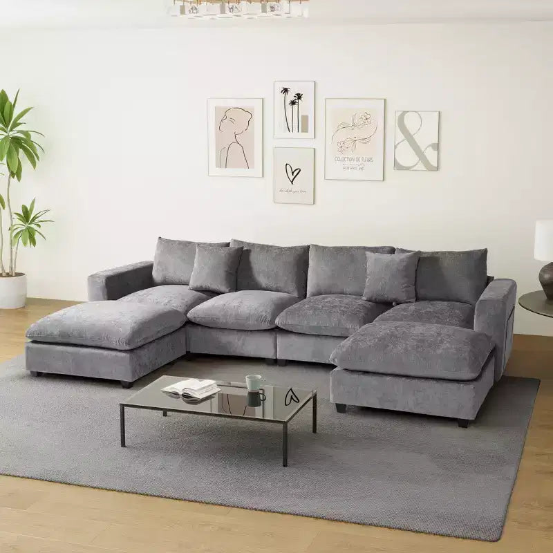 WestinTrends Augusta 128 Canapé modulable d'angle en U en chenille avec ports USB/Type-C et poches latérales