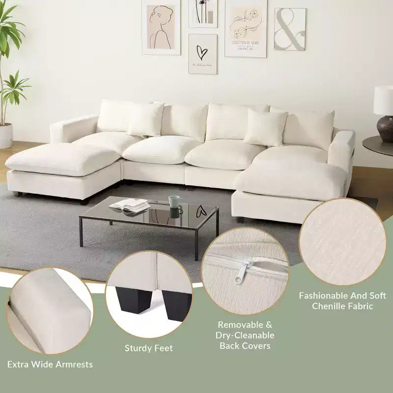 WestinTrends Augusta 128 Canapé modulable d'angle en U en chenille avec ports USB/Type-C et poches latérales