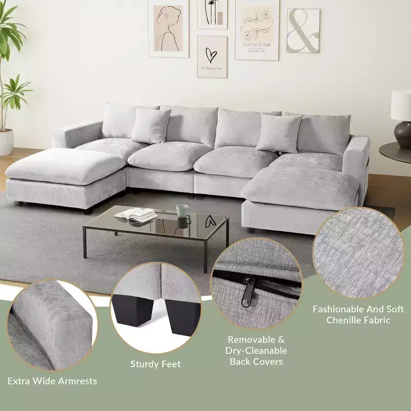 WestinTrends Augusta 128 Canapé modulable d'angle en U en chenille avec ports USB/Type-C et poches latérales