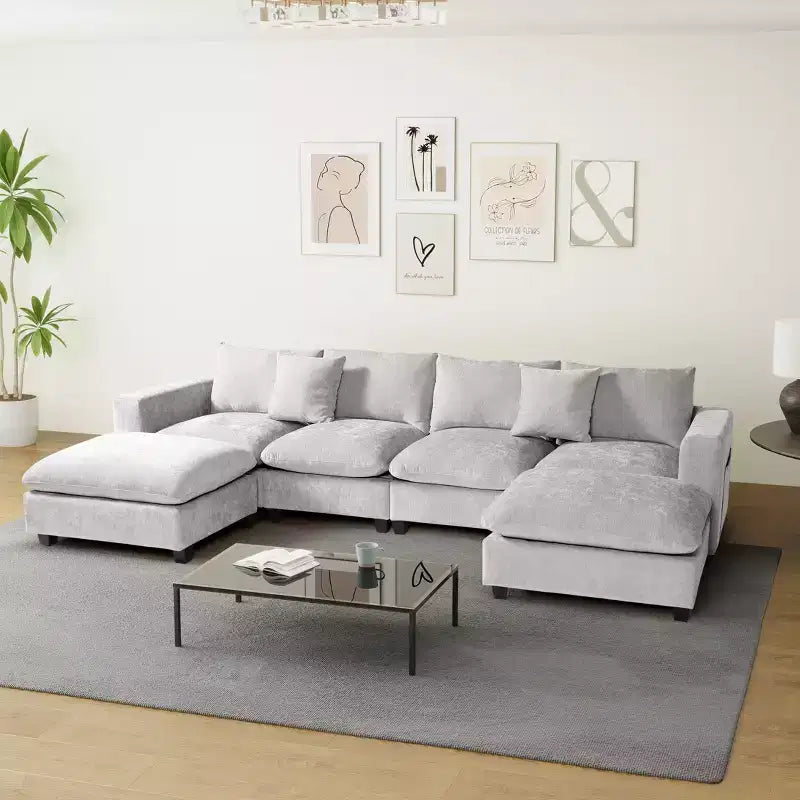 WestinTrends Augusta 128 Canapé modulable d'angle en U en chenille avec ports USB/Type-C et poches latérales