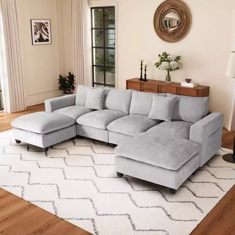 WestinTrends Augusta 128 Canapé modulable d'angle en U en chenille avec ports USB/Type-C et poches latérales