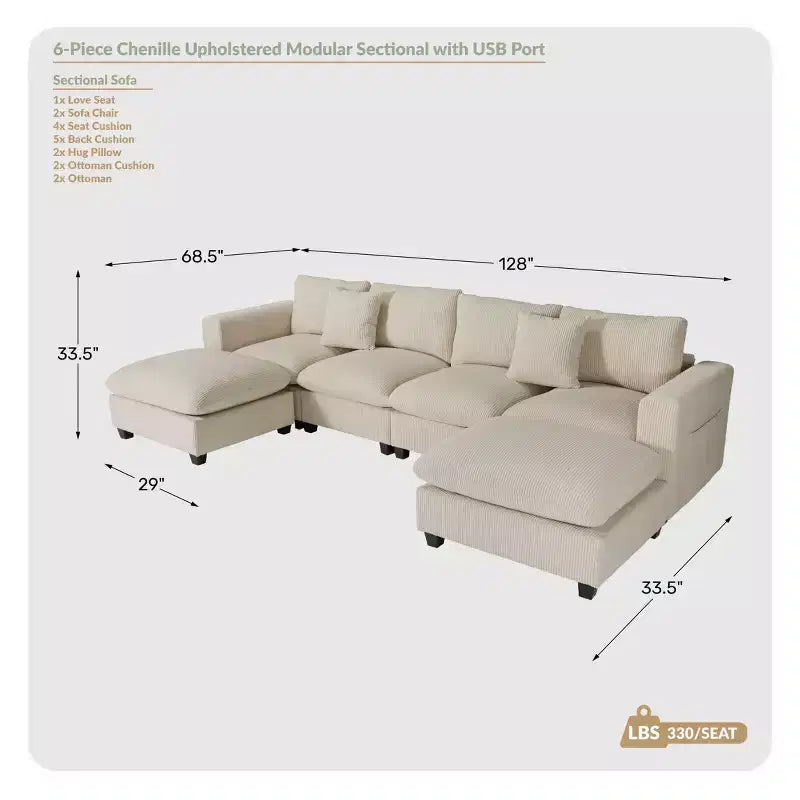 WestinTrends Augusta 128 Canapé modulable d'angle en U en chenille avec ports USB/Type-C et poches latérales