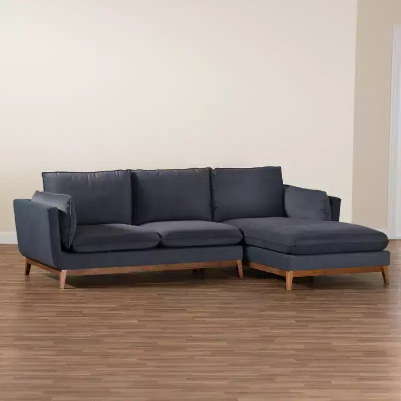 Canapé d'angle moderne Linanas Baxton Studio en tissu gris foncé avec méridienne à droite