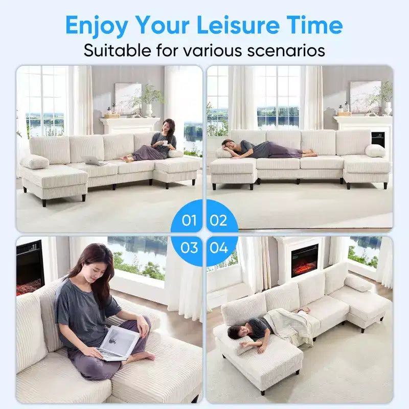 Canapé sectionnel en U Mjkone 110 avec deux méridiennes et accoudoirs convertibles en couchage, canapé 4 places en velours côtelé