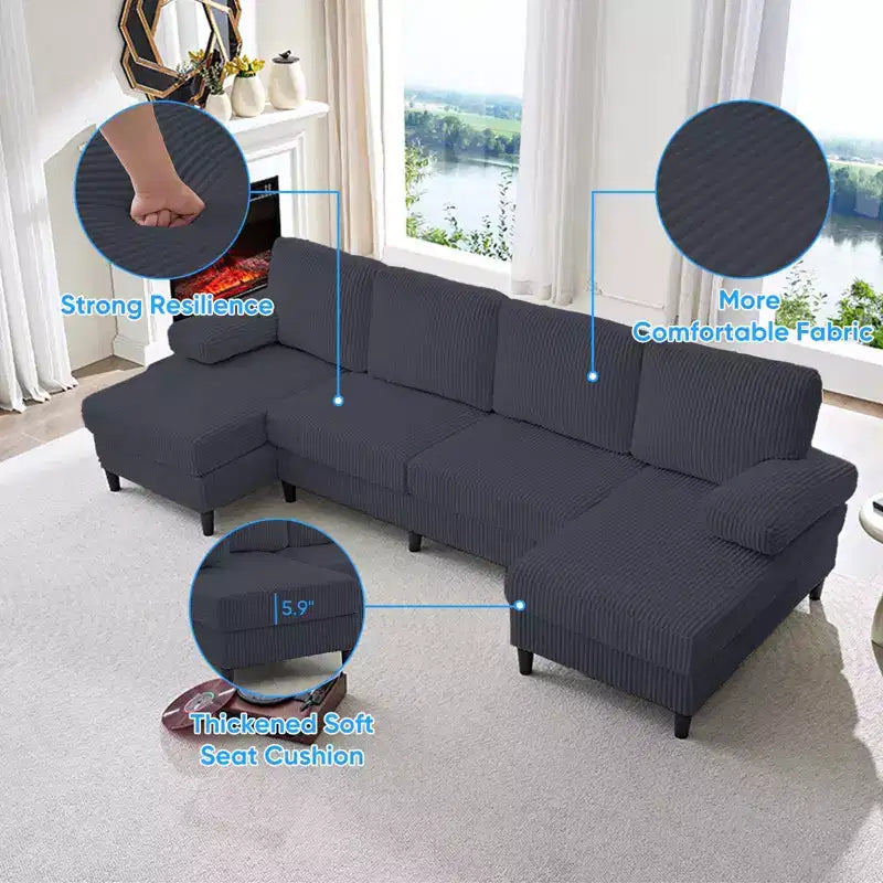 Canapé sectionnel en U Mjkone 110 avec deux méridiennes et accoudoirs convertibles en couchage, canapé 4 places en velours côtelé
