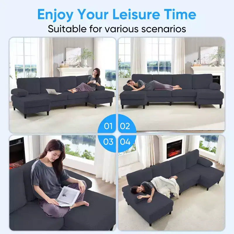 Canapé sectionnel en U Mjkone 110 avec deux méridiennes et accoudoirs convertibles en couchage, canapé 4 places en velours côtelé