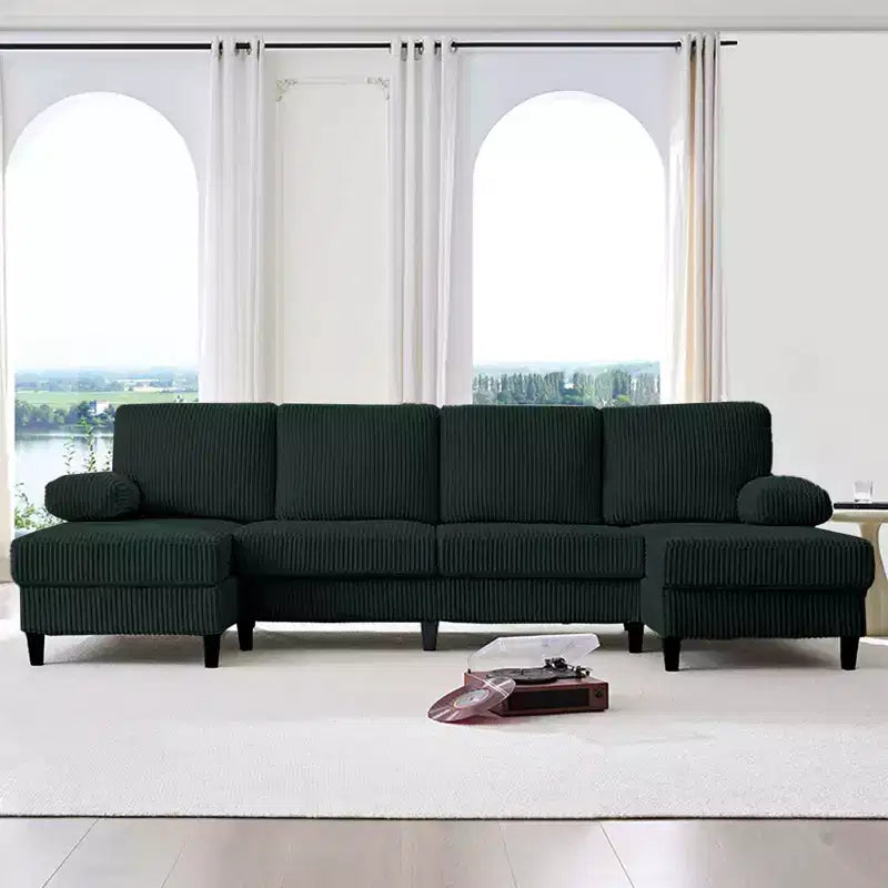 Canapé sectionnel en U Mjkone 110 avec deux méridiennes et accoudoirs convertibles en couchage, canapé 4 places en velours côtelé