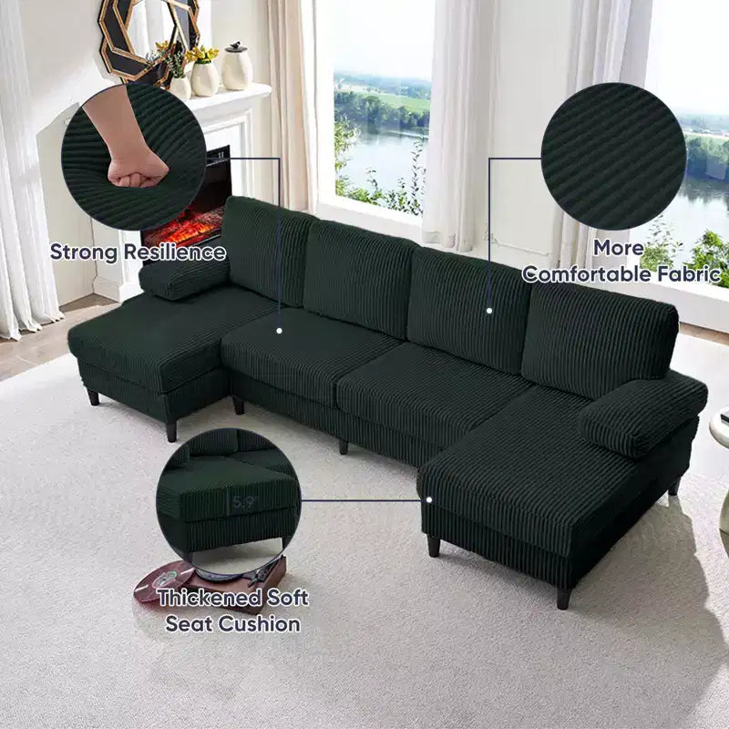 Canapé sectionnel en U Mjkone 110 avec deux méridiennes et accoudoirs convertibles en couchage, canapé 4 places en velours côtelé
