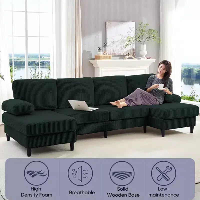 Canapé sectionnel en U Mjkone 110 avec deux méridiennes et accoudoirs convertibles en couchage, canapé 4 places en velours côtelé