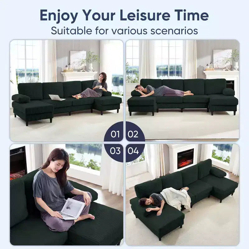 Canapé sectionnel en U Mjkone 110 avec deux méridiennes et accoudoirs convertibles en couchage, canapé 4 places en velours côtelé