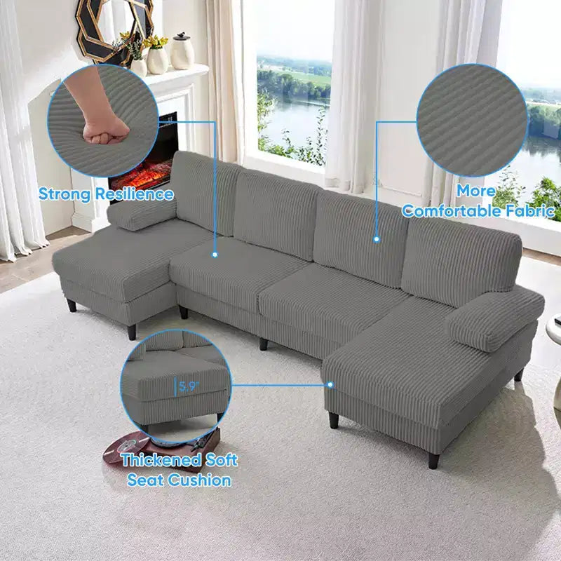 Canapé sectionnel en U Mjkone 110 avec deux méridiennes et accoudoirs convertibles en couchage, canapé 4 places en velours côtelé