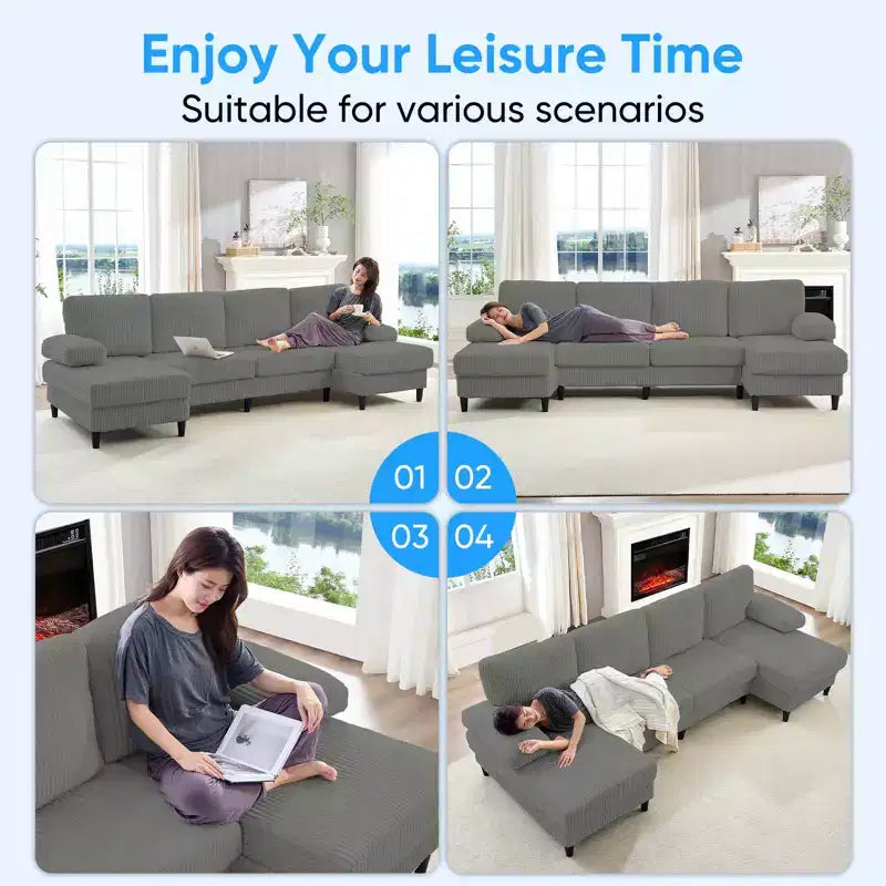Canapé sectionnel en U Mjkone 110 avec deux méridiennes et accoudoirs convertibles en couchage, canapé 4 places en velours côtelé