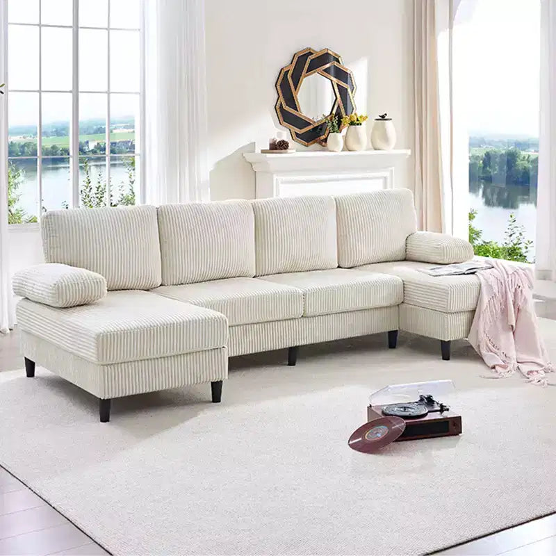 Mjkone 110 U-Shaped Sectional Sofa Couches with Double Chaises and Sleepable Armrests,Corduroy Upholstered 4-Seater Sofa