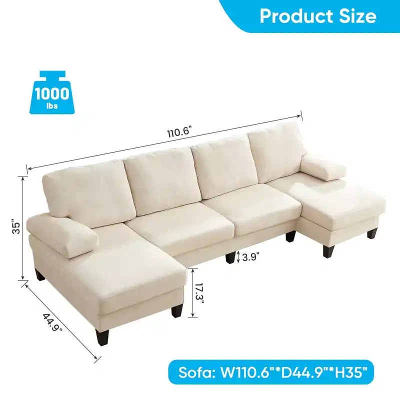 Mjkone 110Canapés modulaires en velours en forme de U, Canapé 4 places rembourré avec deux méridiennes et accoudoirs convertibles en couchage