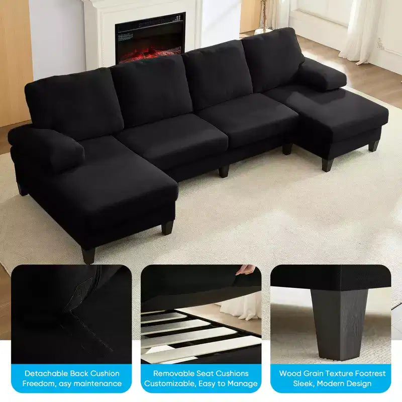 Mjkone 110Canapés modulaires en velours en forme de U, Canapé 4 places rembourré avec deux méridiennes et accoudoirs convertibles en couchage