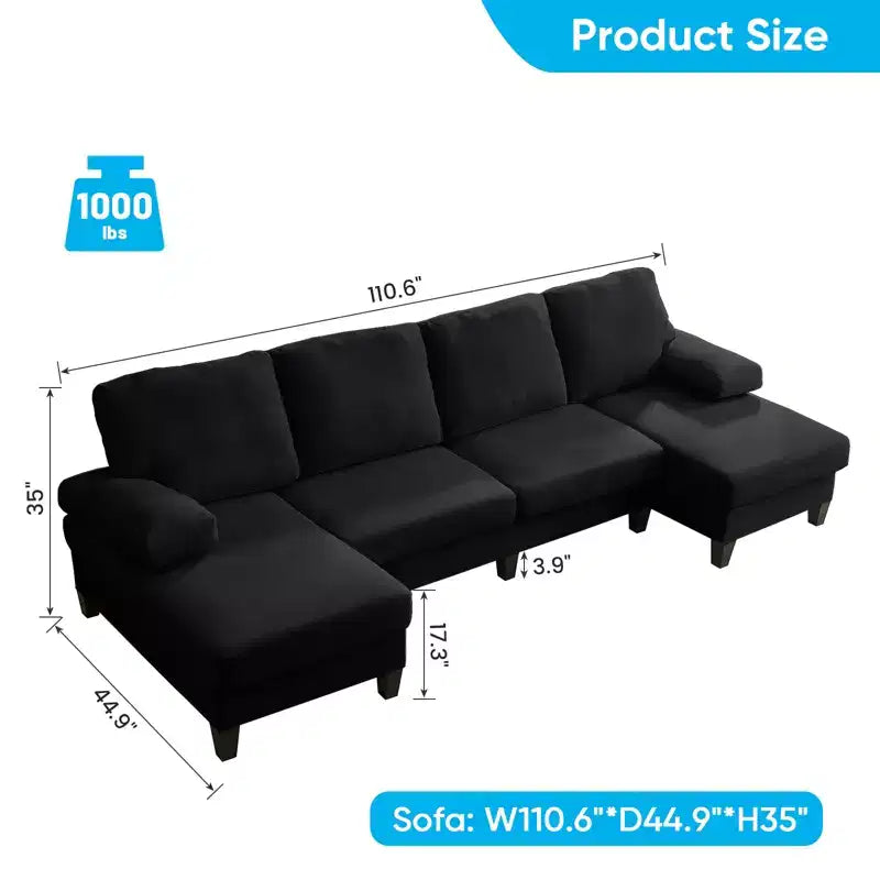 Mjkone 110Canapés modulaires en velours en forme de U, Canapé 4 places rembourré avec deux méridiennes et accoudoirs convertibles en couchage