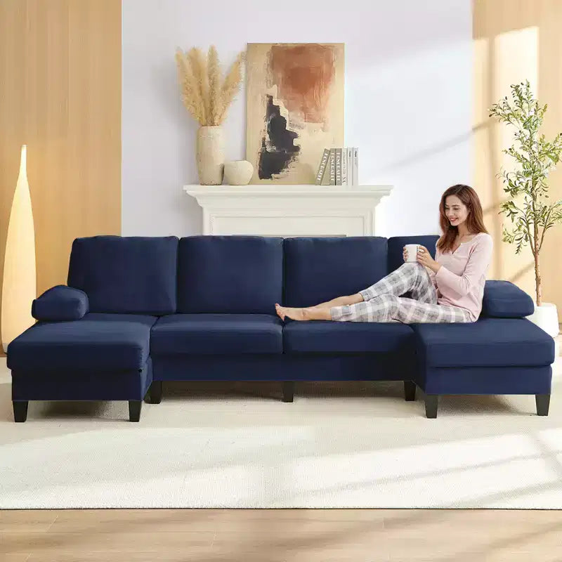Mjkone 110Canapés modulaires en velours en forme de U, Canapé 4 places rembourré avec deux méridiennes et accoudoirs convertibles en couchage