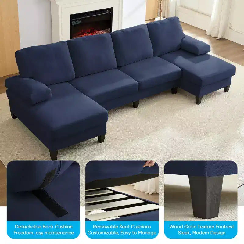 Mjkone 110Canapés modulaires en velours en forme de U, Canapé 4 places rembourré avec deux méridiennes et accoudoirs convertibles en couchage