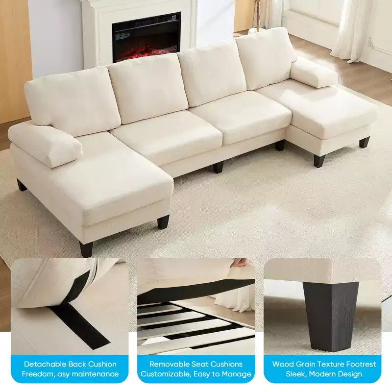 Mjkone 110Canapés modulaires en velours en forme de U, Canapé 4 places rembourré avec deux méridiennes et accoudoirs convertibles en couchage