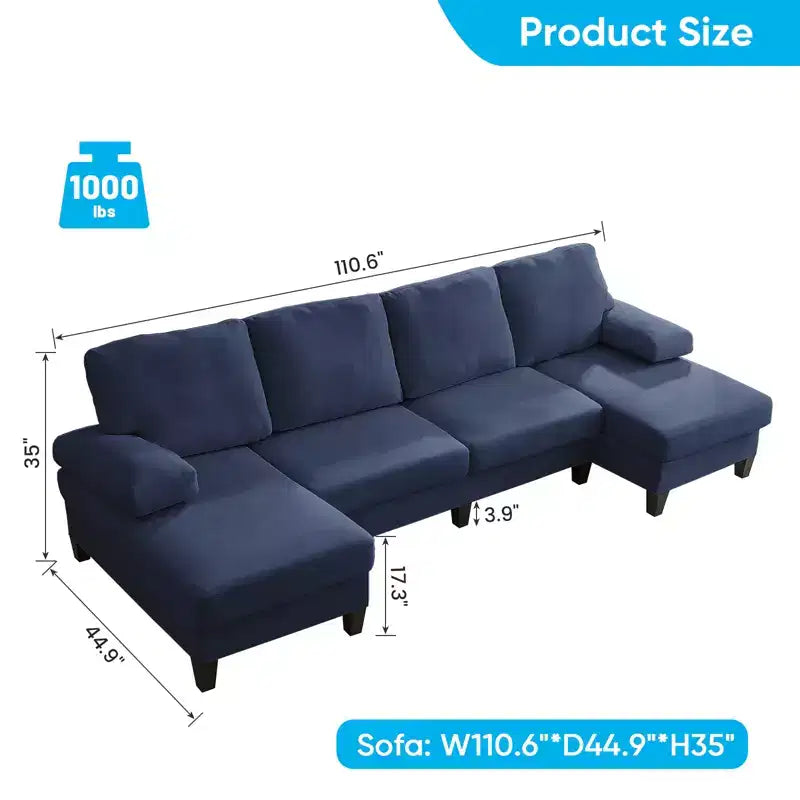 Mjkone 110Canapés modulaires en velours en forme de U, Canapé 4 places rembourré avec deux méridiennes et accoudoirs convertibles en couchage