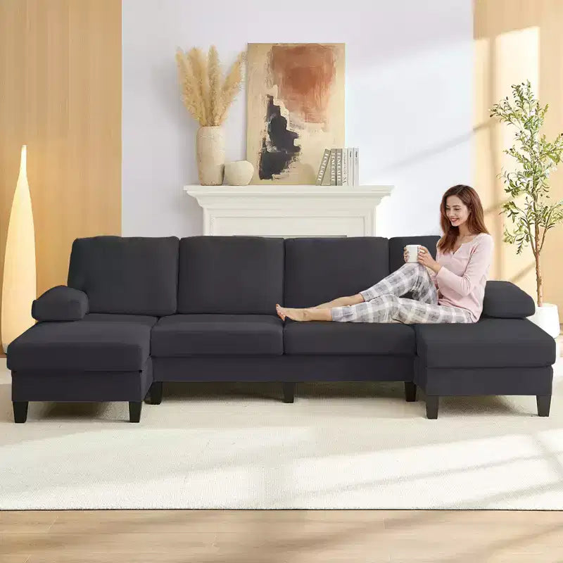 Mjkone 110Canapés modulaires en velours en forme de U, Canapé 4 places rembourré avec deux méridiennes et accoudoirs convertibles en couchage