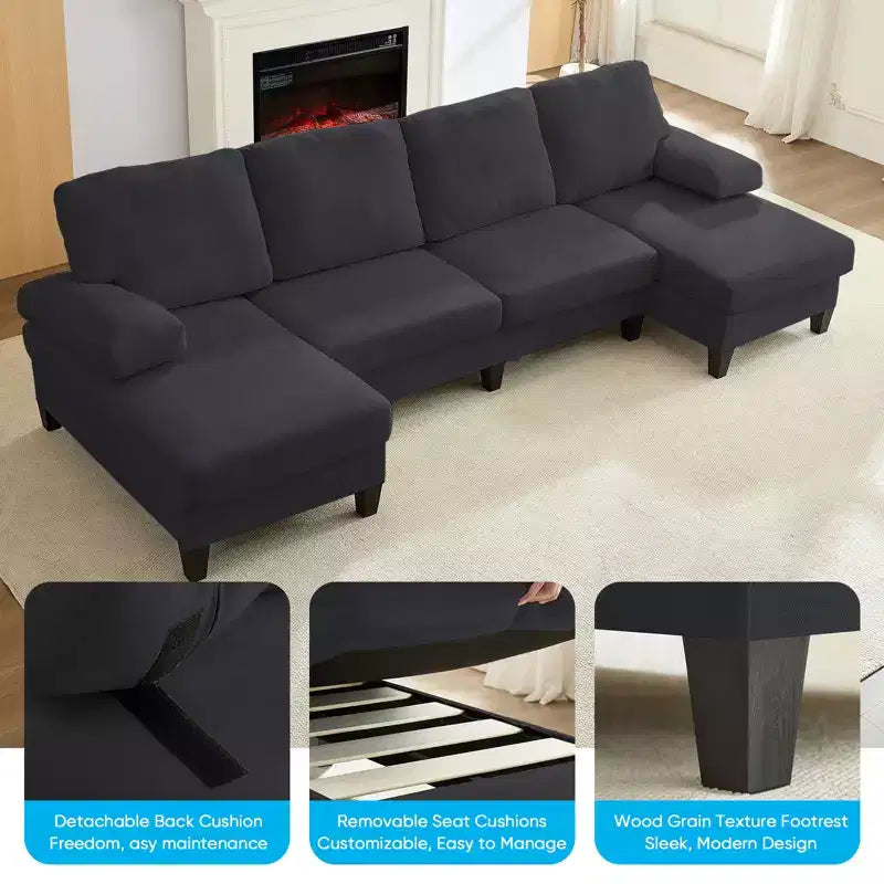 Mjkone 110Canapés modulaires en velours en forme de U, Canapé 4 places rembourré avec deux méridiennes et accoudoirs convertibles en couchage