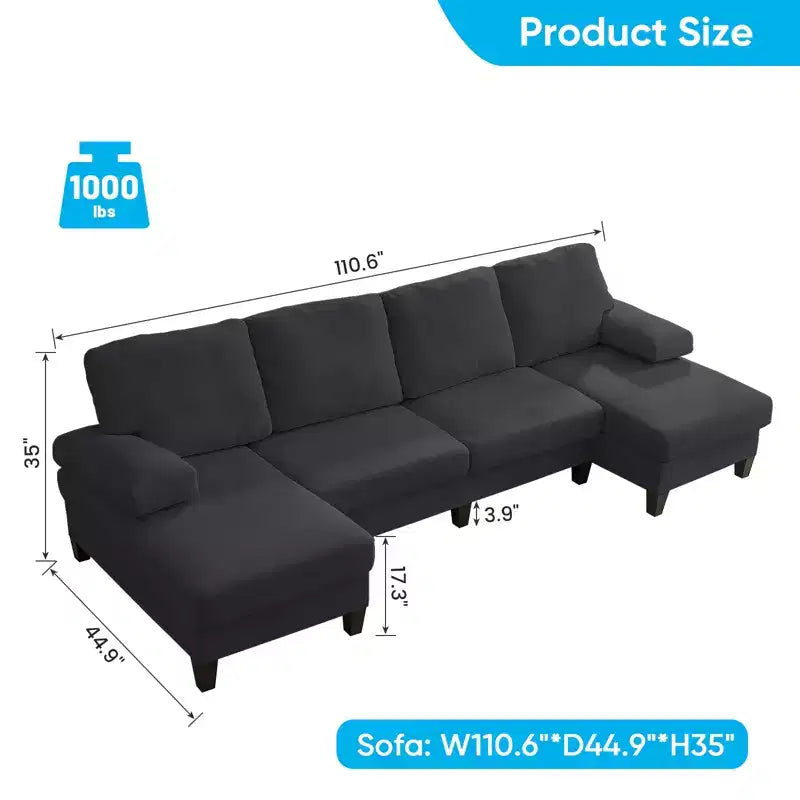 Mjkone 110Canapés modulaires en velours en forme de U, Canapé 4 places rembourré avec deux méridiennes et accoudoirs convertibles en couchage