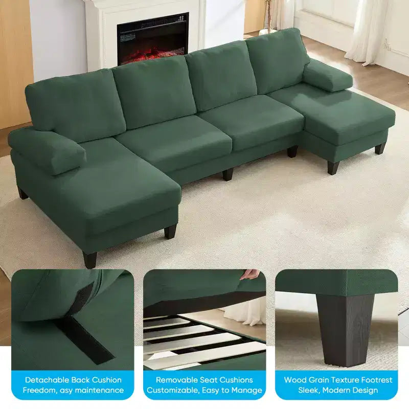 Mjkone 110Canapés modulaires en velours en forme de U, Canapé 4 places rembourré avec deux méridiennes et accoudoirs convertibles en couchage