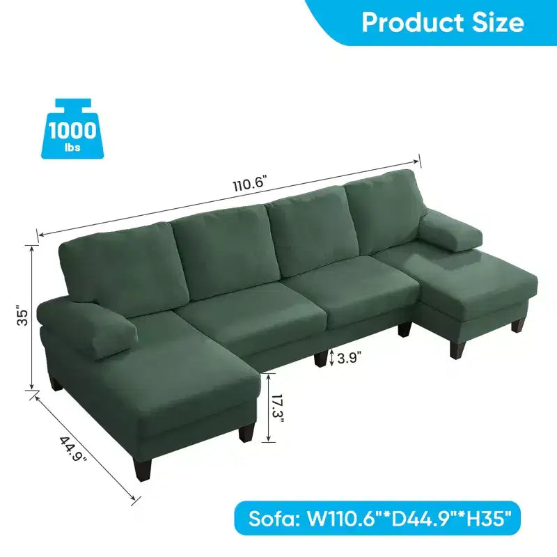 Mjkone 110Canapés modulaires en velours en forme de U, Canapé 4 places rembourré avec deux méridiennes et accoudoirs convertibles en couchage