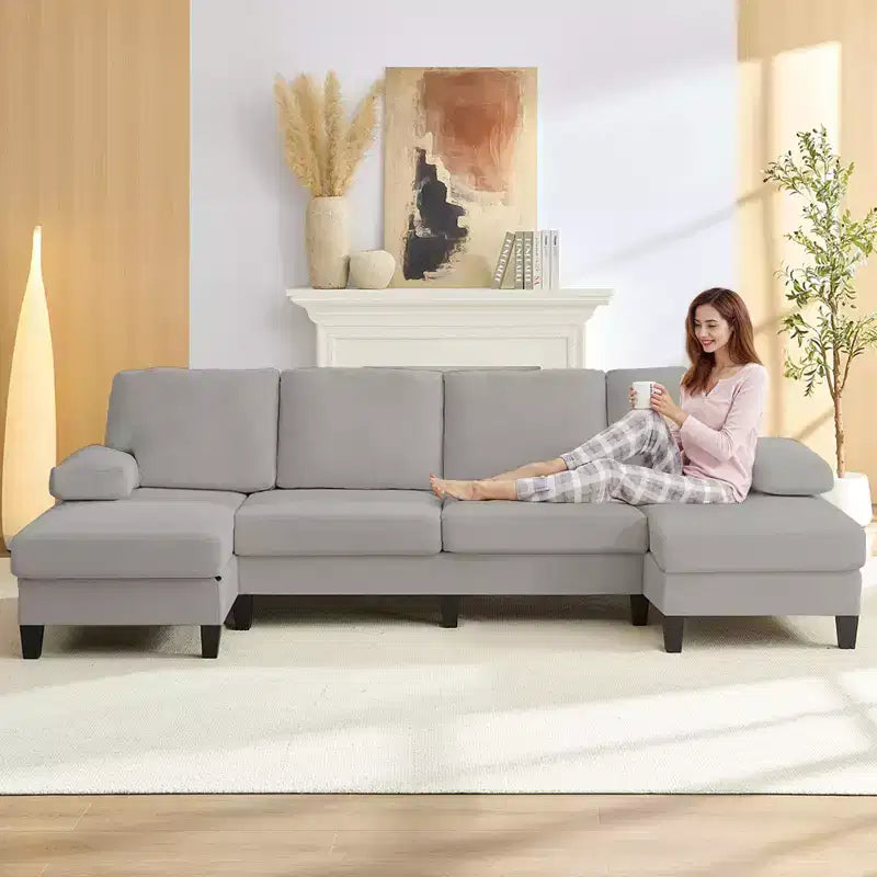 Mjkone 110Canapés modulaires en velours en forme de U, Canapé 4 places rembourré avec deux méridiennes et accoudoirs convertibles en couchage
