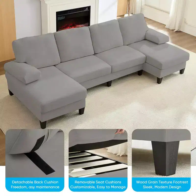 Mjkone 110Canapés modulaires en velours en forme de U, Canapé 4 places rembourré avec deux méridiennes et accoudoirs convertibles en couchage