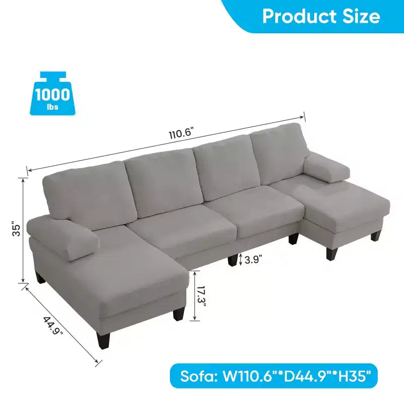 Mjkone 110Canapés modulaires en velours en forme de U, Canapé 4 places rembourré avec deux méridiennes et accoudoirs convertibles en couchage