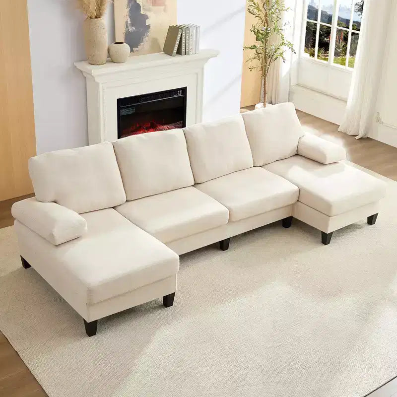 Mjkone 110Velvet U-Shaped Sectional Sofa Couches, Upholstered 4-Seater Sofa with Double Chaises and Sleepable Armrests