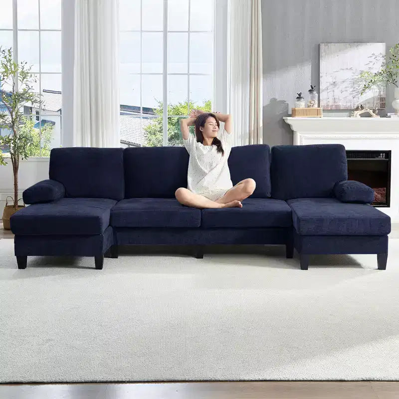 Mjkone Canapés modulaires en U 110, Grand canapé 4 places en tissu chenille avec doubles méridiennes et accoudoirs convertibles en couchage