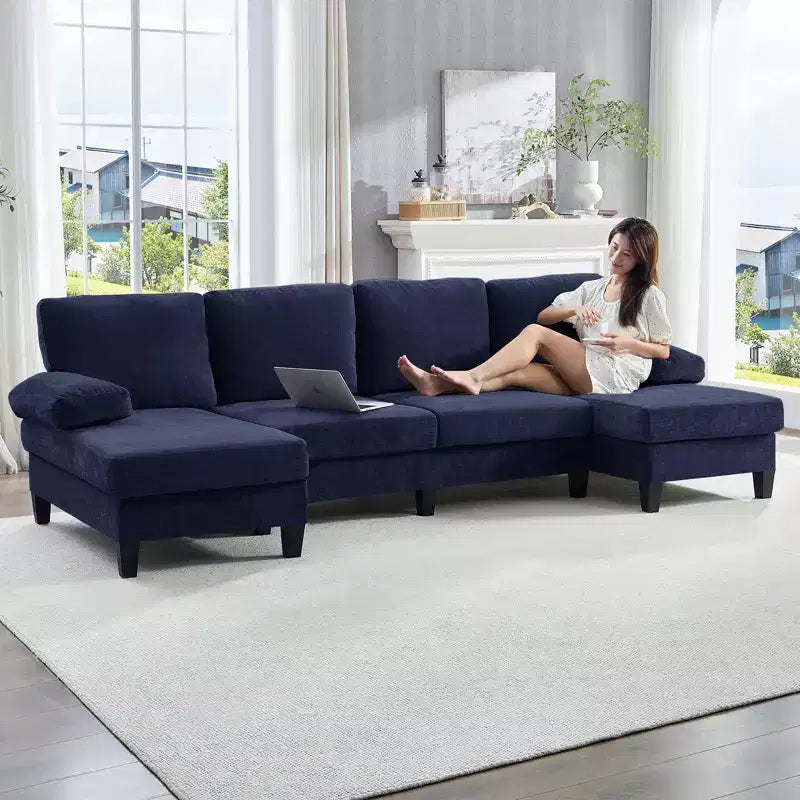 Mjkone Canapés modulaires en U 110, Grand canapé 4 places en tissu chenille avec doubles méridiennes et accoudoirs convertibles en couchage