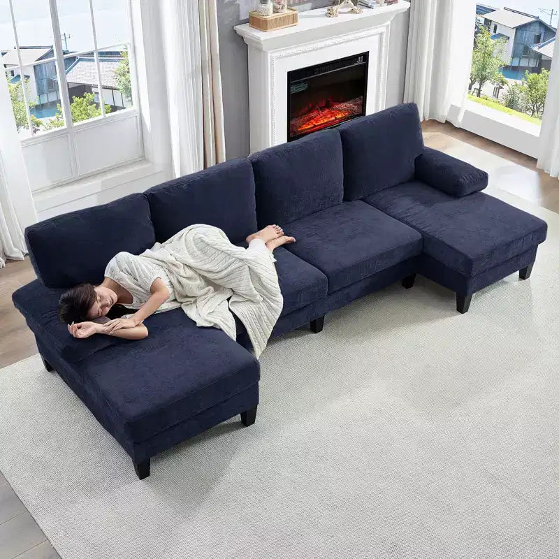 Mjkone Canapés modulaires en U 110, Grand canapé 4 places en tissu chenille avec doubles méridiennes et accoudoirs convertibles en couchage