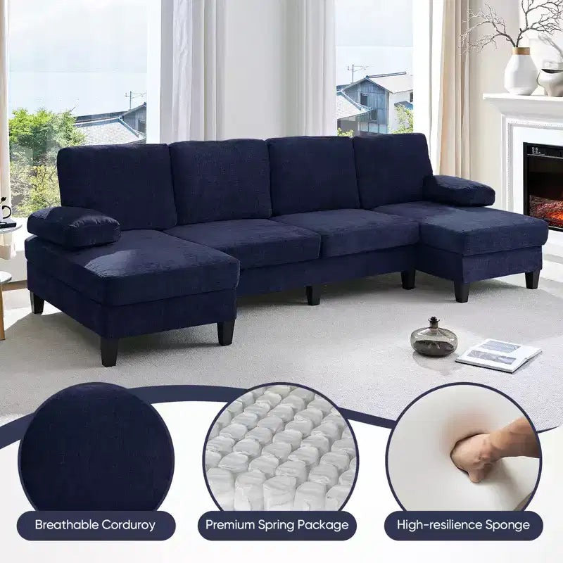 Mjkone Canapés modulaires en U 110, Grand canapé 4 places en tissu chenille avec doubles méridiennes et accoudoirs convertibles en couchage
