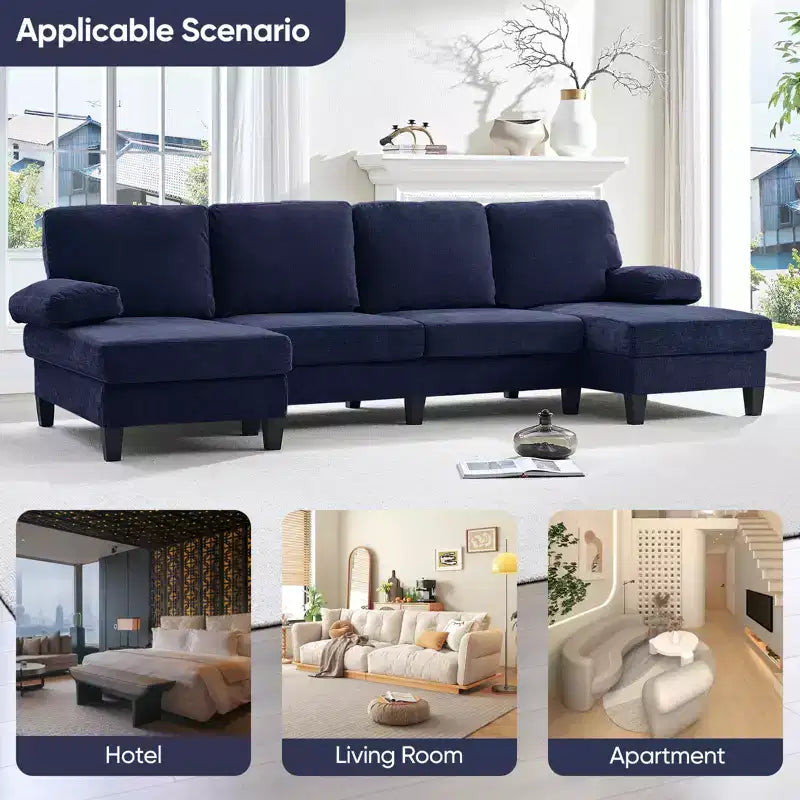 Mjkone Canapés modulaires en U 110, Grand canapé 4 places en tissu chenille avec doubles méridiennes et accoudoirs convertibles en couchage