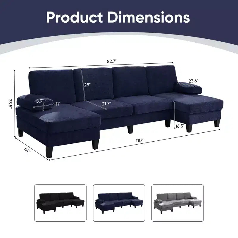 Mjkone Canapés modulaires en U 110, Grand canapé 4 places en tissu chenille avec doubles méridiennes et accoudoirs convertibles en couchage