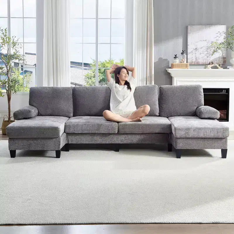 Mjkone Canapés modulaires en U 110, Grand canapé 4 places en tissu chenille avec doubles méridiennes et accoudoirs convertibles en couchage