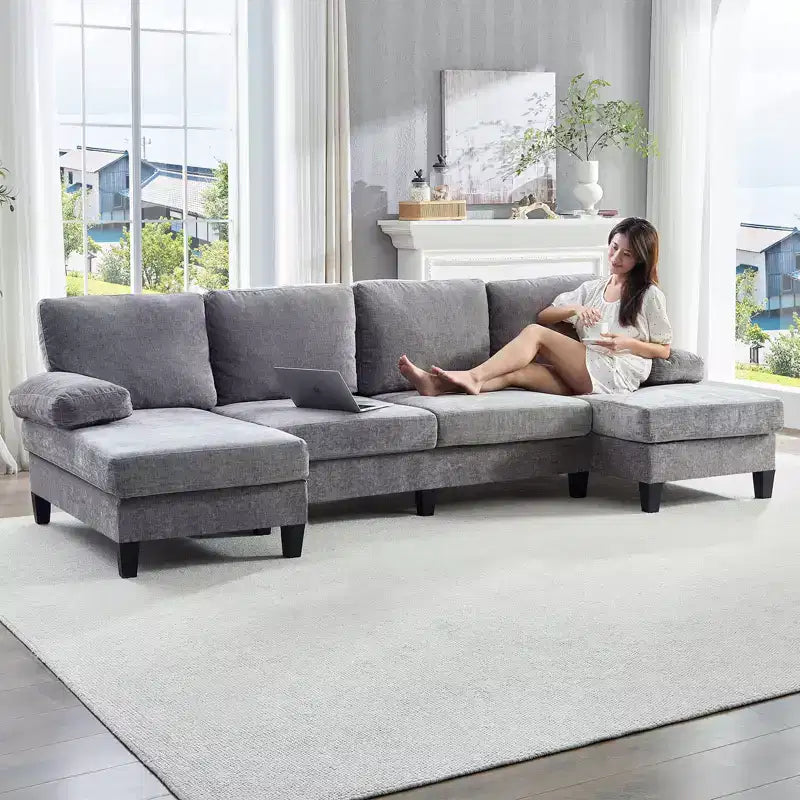 Mjkone Canapés modulaires en U 110, Grand canapé 4 places en tissu chenille avec doubles méridiennes et accoudoirs convertibles en couchage